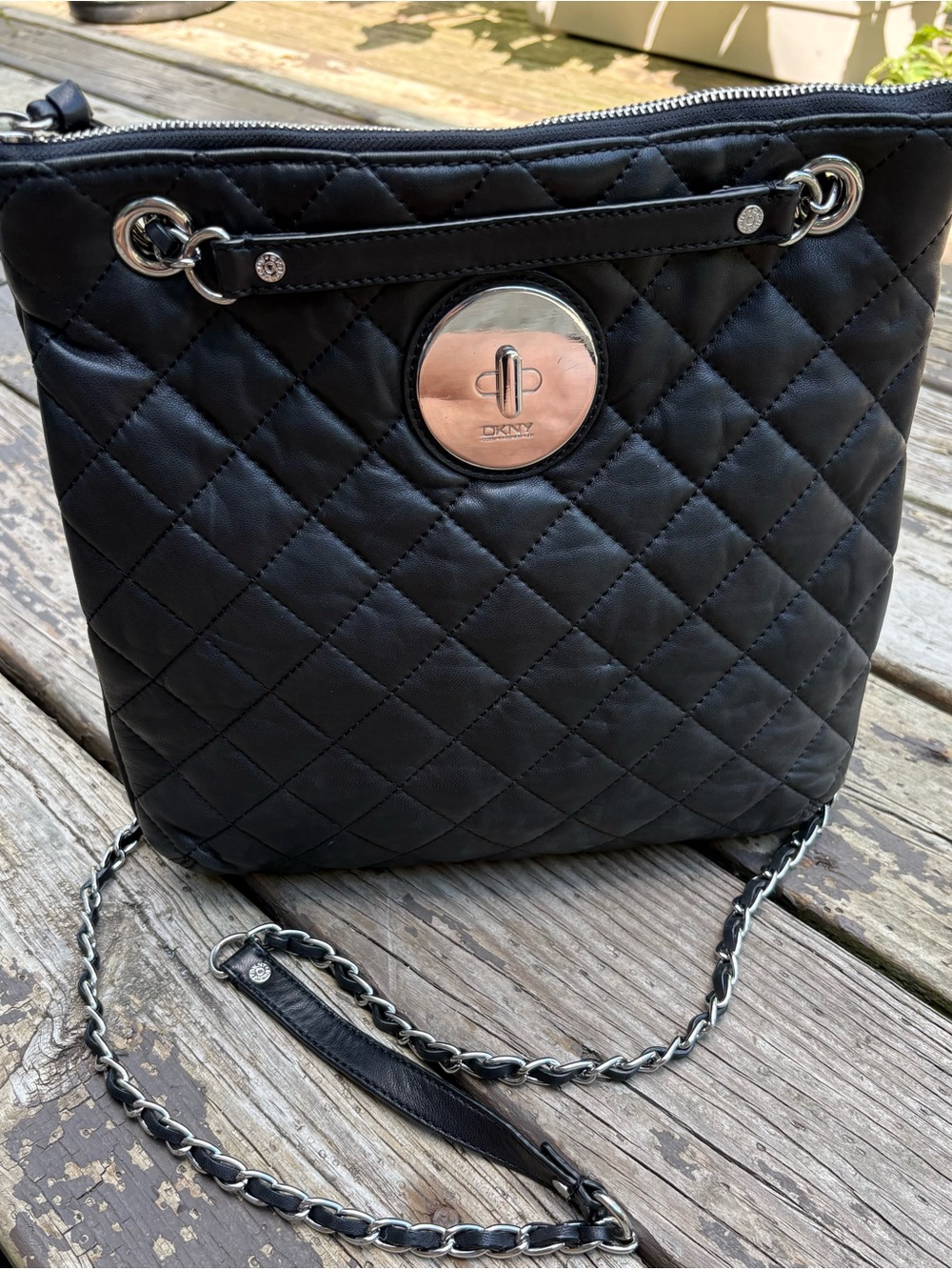 DKNY Black Quilted Leather Shoulder Bag with Chain Strap